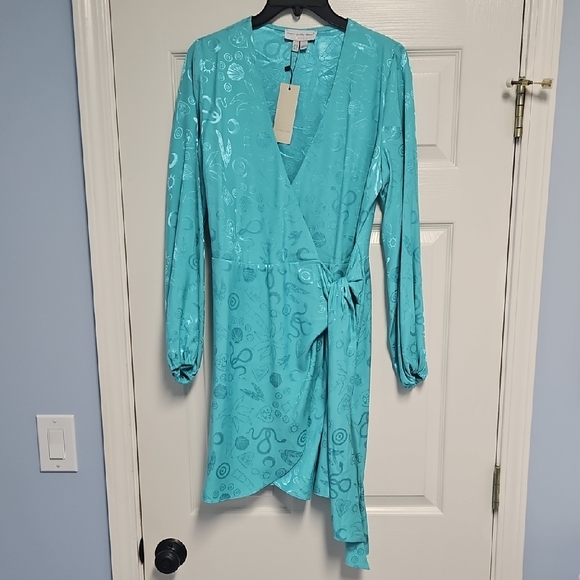 Never Fully Dressed Long Sleeve Wrap Midi Dress: Blue Print: Size- US 4 - Picture 2 of 14